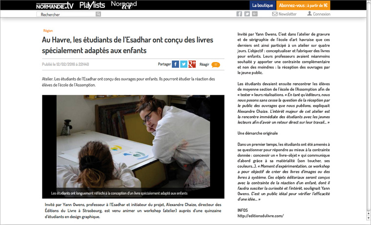 Article about the workshop “Hello book” on paris-normandie.fr