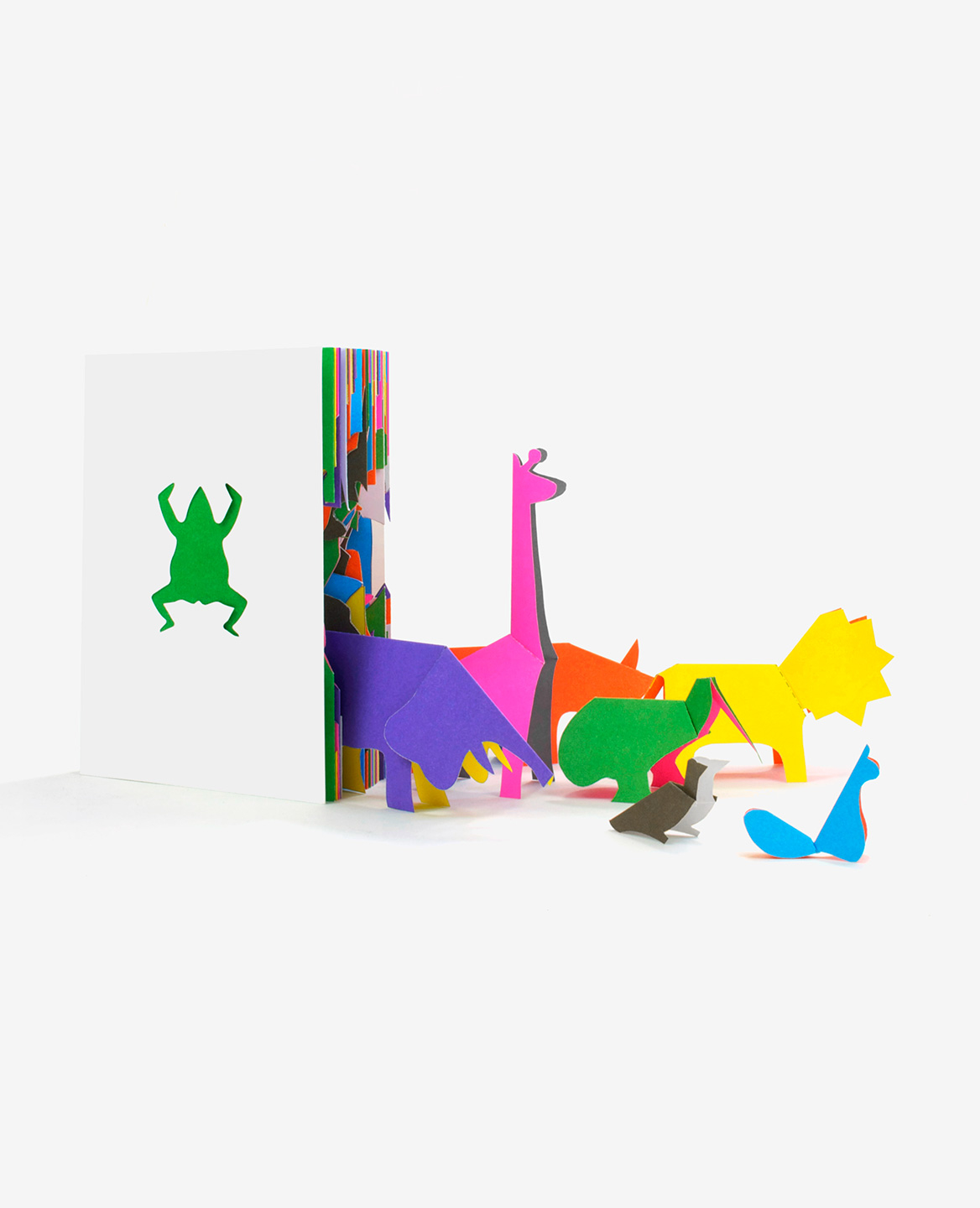 Multicolored animals coming out of the book Zoo in my hand by Inkyeong & Sunkyung Kim published by Éditions du livre