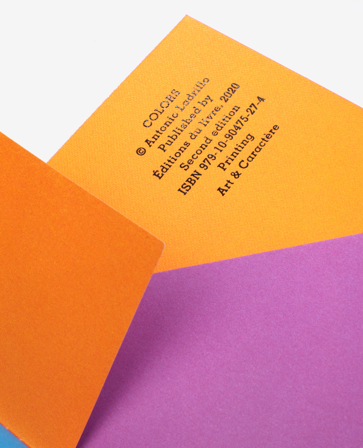 Brilliant foil colophon of the book Colors by Antonio Ladrillo published by Éditions du livre