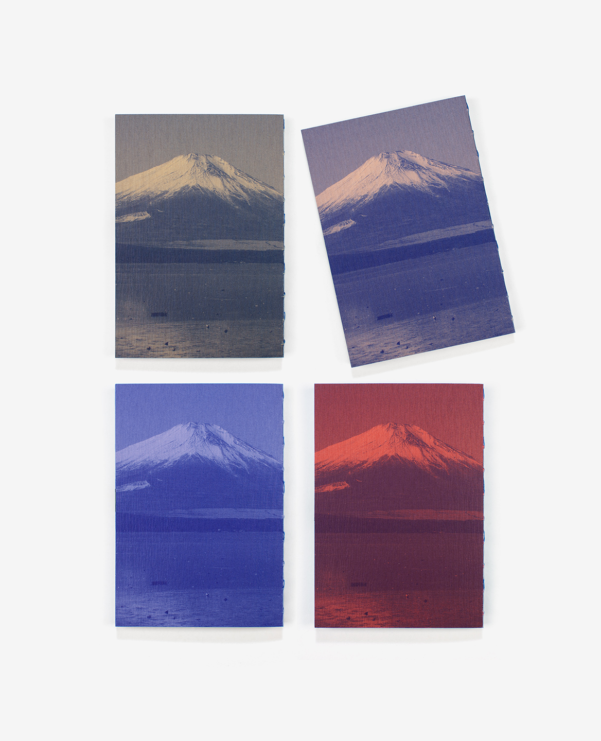 Quatre couvertures de couleurs différentes du livre Fuji de Fanette Mellier et Clément Vauchez